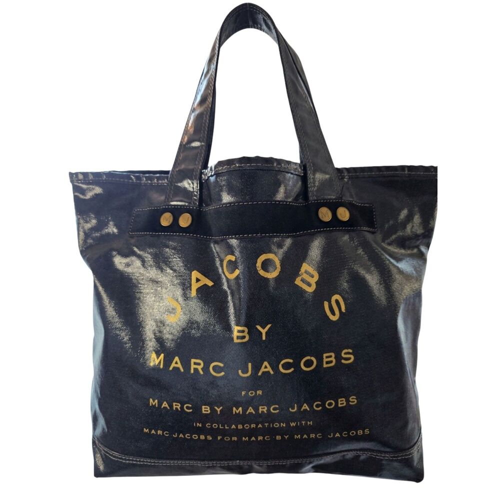 Marc Jacobs Coated Denim Canvas Collaboration Logo Tote Bag Black Gold Rare XL